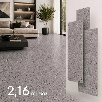 Produktbild von SPC Vinylboden 4mm Klick Fliesenoptik wasserfest Marmor Beton Terrazzo Designboden 60x30 cm für Bad Küche Flur