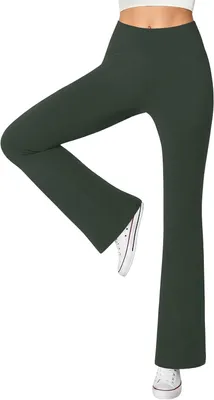Productafbeelding van Dames yogabroek met hoge taille, uitlopende pijpen en elastische stof in olijfgroen