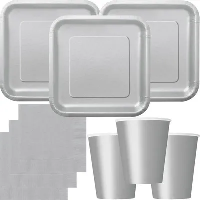 Produktbild von Party Deko Set silber Einweggeschirr für 16 Personen eckige Teller, Becher, Servietten