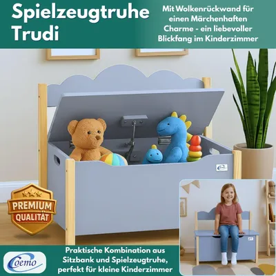 Produktbild von Coemo Truhe TRUDI mit Deckel Sitzbank für Kinder Spielzeugtruhe Grau