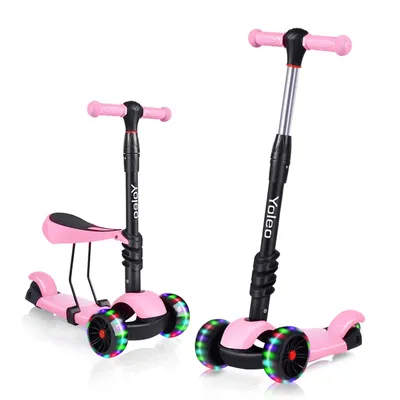 Produktbild von Yoleo 3-in-1 Kinder Roller Scooter mit Abnehmbarem Sitz, LED große Räder, Höheverstellbaren Lenker für Kleinkinder Jungen Mädchen ab 2 Jahre (Rosa)