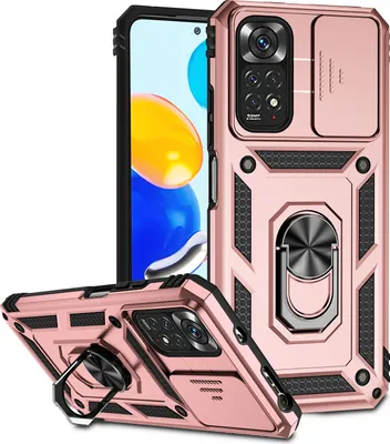 Produktbild von Redmi Note 11 Hülle mit Schiebe Kamera Schutz und Ringhalter Ständer Robust Rüstung Schutzhülle für Xiaomi Redmi Note 11 / Note 11S Rosa