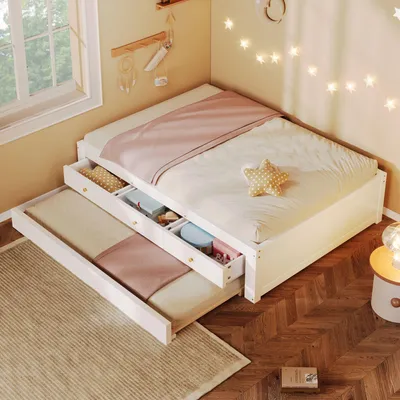Produktbild von Merax Flachbett Holzbett 90x200 cm mit 3 Schubladen und Ausziehbett, Gästebett, Stauraum, Einzelbett mit Zusatzbett, Kinderbett, Weiß
