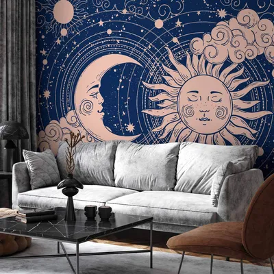 Produktbild von Selbstklebende Folie Fototapete - Cosmic Harmony - Illustration of the Sun and Moon on a Navy Background 245x175 cm Muster n-B-10031-a-a