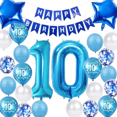 Produktbild von Geburtstagsdeko 10. Geburtstag blau, Folienballons, Banner, 20 Luftballons, für Kinderparty