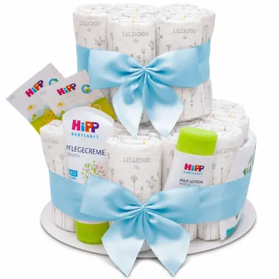 Produktbild von MilaBoo® Windeltorte Junge 2-stöckig blau – Babygeschenk zur Geburt, Babyparty & Taufe mit Windeln & Pflegeprodukten