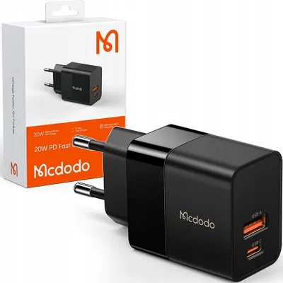A black 20W PD fast charger with two ports (USB-A and USB-C) is shown next to its retail packaging.