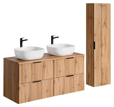 Produktbild von Doppelwaschtisch und Hängesäule 120.8cm Adriel mit 4 Schubladen, Eichenoptik