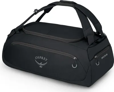 A black duffel bag is shown against a white background.