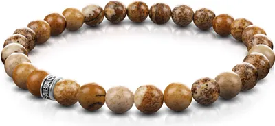 Produktbild von FABACH Jaspis Perlenarmband mit 6mm Edelstein-Perlen und 925 Sterling Silber Logo-Perle - Edles Naturstein Stretch-Armband für Damen (Braun-Gelb)