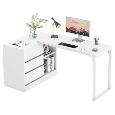Produktbild von Tribesigns L-förmiger Schreibtisch, mit 3 Schubladen und 2 Ablagen, wendbarer Eckschreibtisch, moderner Arbeitstisch für Homeoffice, Weiß