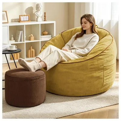 Obrázek produktu pro okwish Relaxační křeslo 1-místné se stranovou kapsou a válcovým pufem, ergonomický, zakřivený sedací vak, žlutá