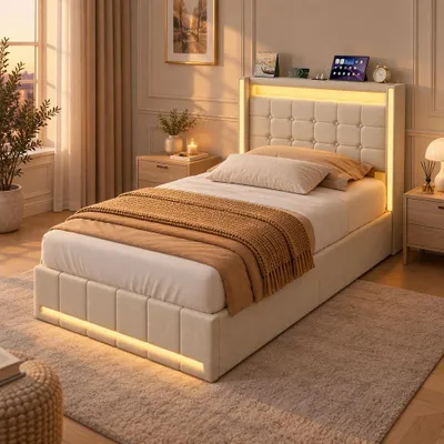 Imagen del producto de INONEFT, cama individual de 90x200 cm con iluminación LED y espacio de almacenamiento. Cama moderna para jóvenes, con puerto USB. Estructura de cama tapizada en lino, ideal para dormitorios y habitaciones juveniles