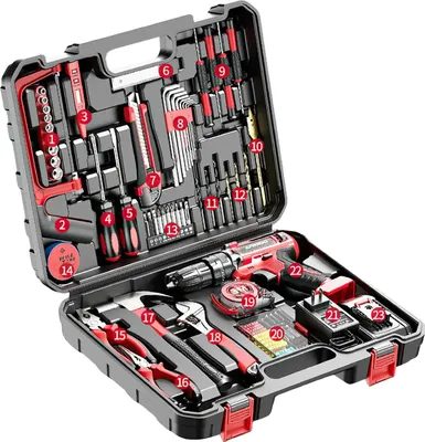 Immagine prodotto di Set di utensili, avvitatore e trapano elettrico, 117 pezzi, con 1 batteria