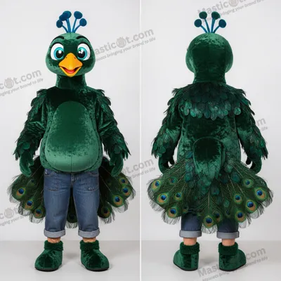 Produktbild von Pfauen-Maskottchen MASTICOT in Smaragdgrün mit Federkleid
