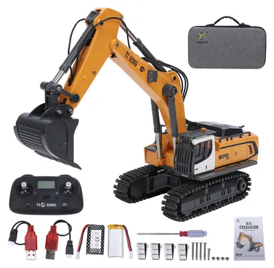 Produktbild von RC-Bagger im Maßstab 1:50, ferngesteuertes Baumaschinenmodell mit 2,4-GHz-Fernsteuerung, LED-Beleuchtung und Soundeffekten