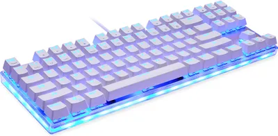 A white mechanical gaming keyboard with RGB backlighting.