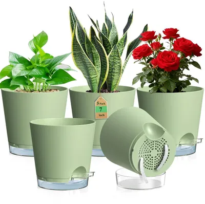 Immagine prodotto di Set di 5 vasi autoirriganti in plastica, diametro 17,8 cm, colore verde, con indicatore del livello dell'acqua