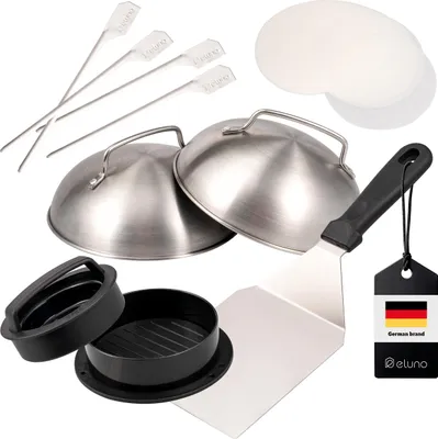 Zdjęcie produktu dla 6-częściowy zestaw do burgerów eluno, w tym prasa do burgerów, obrotnica do grilla, nakładki do burgerów i szpadki do grilla, wykonane z wysokiej jakości stali nierdzewnej