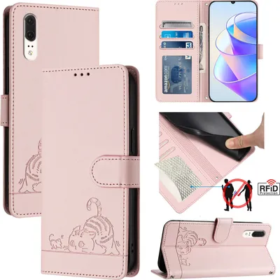 Produktbild von Leder Hülle für Huawei P20 Süße Katze Flip Case Brieftasche Schutzhülle mit Standfunktion Grün