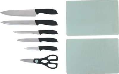 Produktbild von alpina Messerset - 8-Teilig - Kochmesser, Tranchiermesser, Ausbeinmesser, Universalmesser und Schälmesser - Mit Schere - Schneidbretter