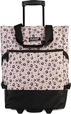 A shopping roller bag with a leopard print pattern and wheels.