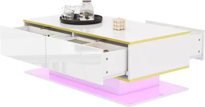 Image de Fortuna Lai Table basse moderne à LED brillante, 100 cm de long, ornements dorés, 3 tiroirs et bande lumineuse LED USB (adaptateur/batterie externe requis)