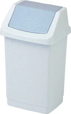 A white trash can with a gray lid is shown against a white background.