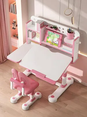 Imagen del producto de Escritorio infantil con altura ajustable, incluye silla y estantería – Escritorio ergonómico para niños a partir de 6 años, con superficie inclinable de 0 a 50 grados, amplio espacio de almacenamiento, ideal para la escuela y el hogar. Color rosa
