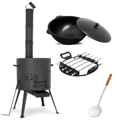 Produktbild von SET Feuerofen UTSCHAK mit Schornstein Ø ca. 37,4 cm + Gusseisen Kazan 10 L + Grill Spiess-Aufsatz