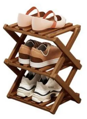 Immagine prodotto di Scaffale pieghevole verticale per scarpe, in legno marrone, con 3 ripiani, dimensioni 28x25x23-149 cm