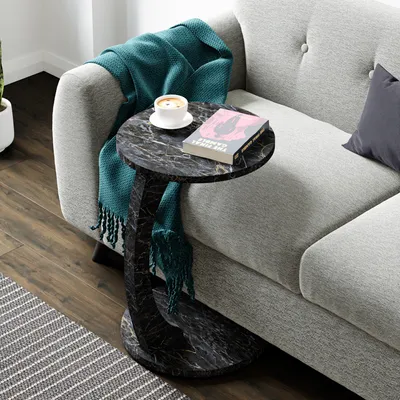 Produktbild von Beistelltisch ’Holeby’ Kaffetisch C-Form mit Rollen rund 56 x Ø 38 cm Marmoroptik, schwarz