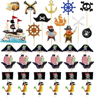 Immagine prodotto di Set di decorazioni per cupcake a tema pirati in plastica per cupcake di compleanno
