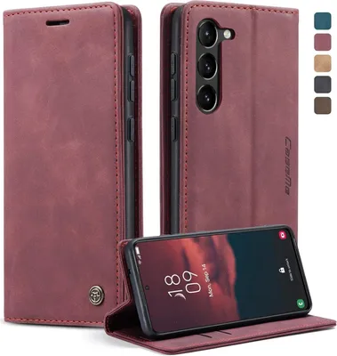 Obrázok produktu pre Samsung Galaxy S23 5G puzdro Vínovo červené kožené flipové puzdro s funkciou stojana