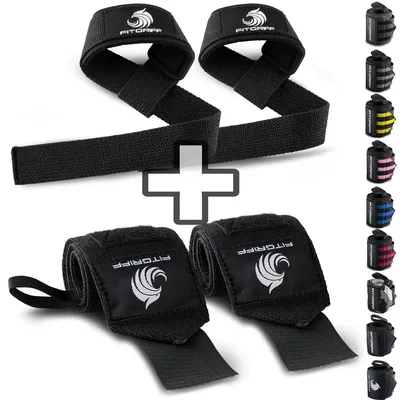 Produktbild von Fitgriff® Handgelenk Bandagen + Zughilfen (2er Set) - für Krafttraining, Fitness, Bodybuilding, Gewichtheben, Gym, Kraftsport - für Frauen und Männer (Black Original)