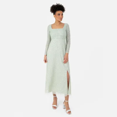 Immagine prodotto di Abito midi da donna Maya Deluxe, con maniche lunghe trasparenti, scollo a V e applicazioni di paillettes