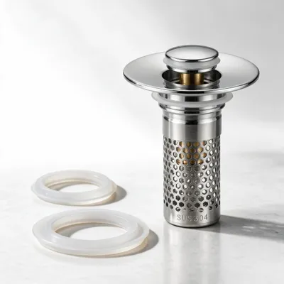 Produktbild von NORDHAVN Universal Abflussstopper Waschbecken 27–41 mm – Pop-Up Waschbeckenstöpsel mit 2 austauschbaren Silikonringen – Edelstahl-Pop-up mit Sieb, KI-generiertes Bild