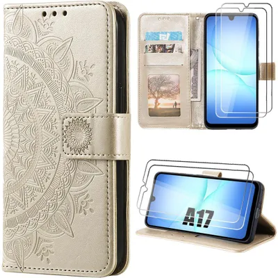Image de Coque + 2 Verres Trempés pour Samsung Galaxy A17 4G/5G, Antichoc Cuir Synthétique Motif Oriental - Doré