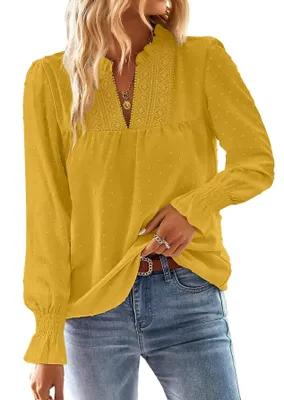 Image de TUUHAW - T-shirt à manches longues pour femmes, grande taille, style bohème, blouse élégante, jaune, taille 2XL