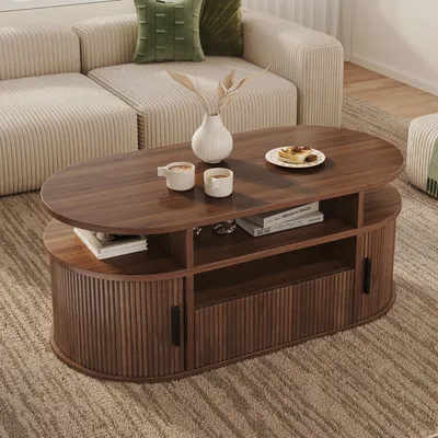 Produktbild von Merax Ovaler Couchtisch mit 2 Rollladentüren, Wohnzimmertisch mit Push-to-Open-Schublade, Sofatisch mit offenen Ablagefächern, Stauraum, Walnussoptik