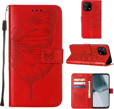 Produktbild von OnePlus 10 Pro Hülle, Schmetterling Prägung Flip Leder Kartenfächer Schutzhülle Ledertasche mit Ständer für OnePlus 10 Pro Rot