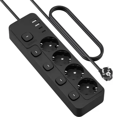 Produktbild von Steckdosenleiste – Einzeln schaltbar – 2 Meter Kabel – 4-fach Steckdosenleiste mit 2 USB-A-Anschlüssen und 1 USB-C-Anschluss – Steckdosenverteiler