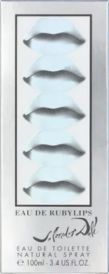 A product box for Salvador Dali Eau De Ruby Lips perfume, featuring a stack of stylized lips.