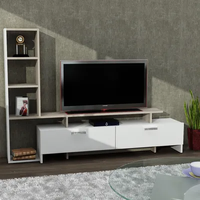 A modern living room setup with a TV stand and shelving unit.