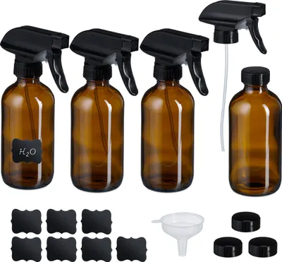 Produktbild von Relaxdays Sprühflasche Glas, 4er Set, 500ml, Nebel & Strahl, Wassersprüher für Haare, Reinigung, Pflanzen, braun/schwarz
