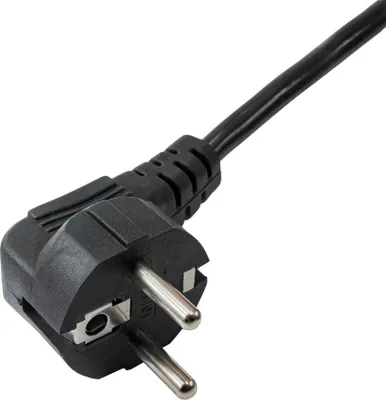 A close-up shot of a black power cord with a European-style plug.
