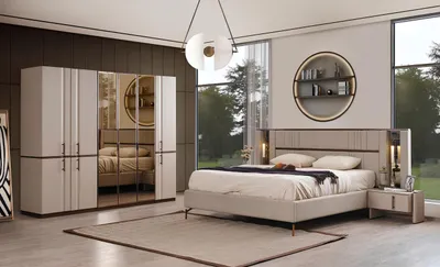Immagine prodotto di Letto matrimoniale moderno beige 2x comodini armadio mobili in legno