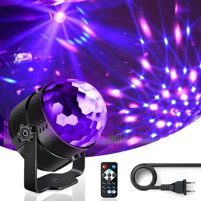 Produktbild von UV LED Discolicht Set - 8x rotierende Magic Ball Kugeln - 3W Strobe Bühnenlicht - Auto soundaktiviert & Fernbedienung - EU Stecker - UV Licht