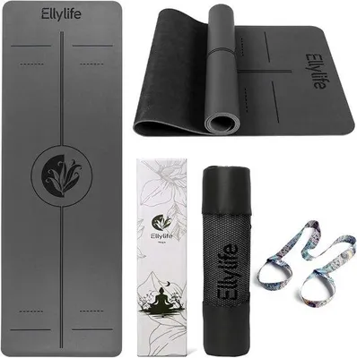 Produktbild von Rutschfeste Yogamatte mit Ausrichtungslinien, aus Naturkautschuk, umweltfreundlich, extra dick und langlebig, inklusive Tragegurt für Pilates