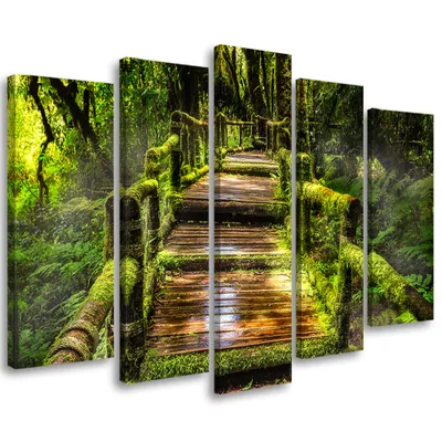 Produktbild von 5-teiliges leinwandbild wald natur brücke grün 200x100 cm Feeby grün wandbild bereit zum aufhängen